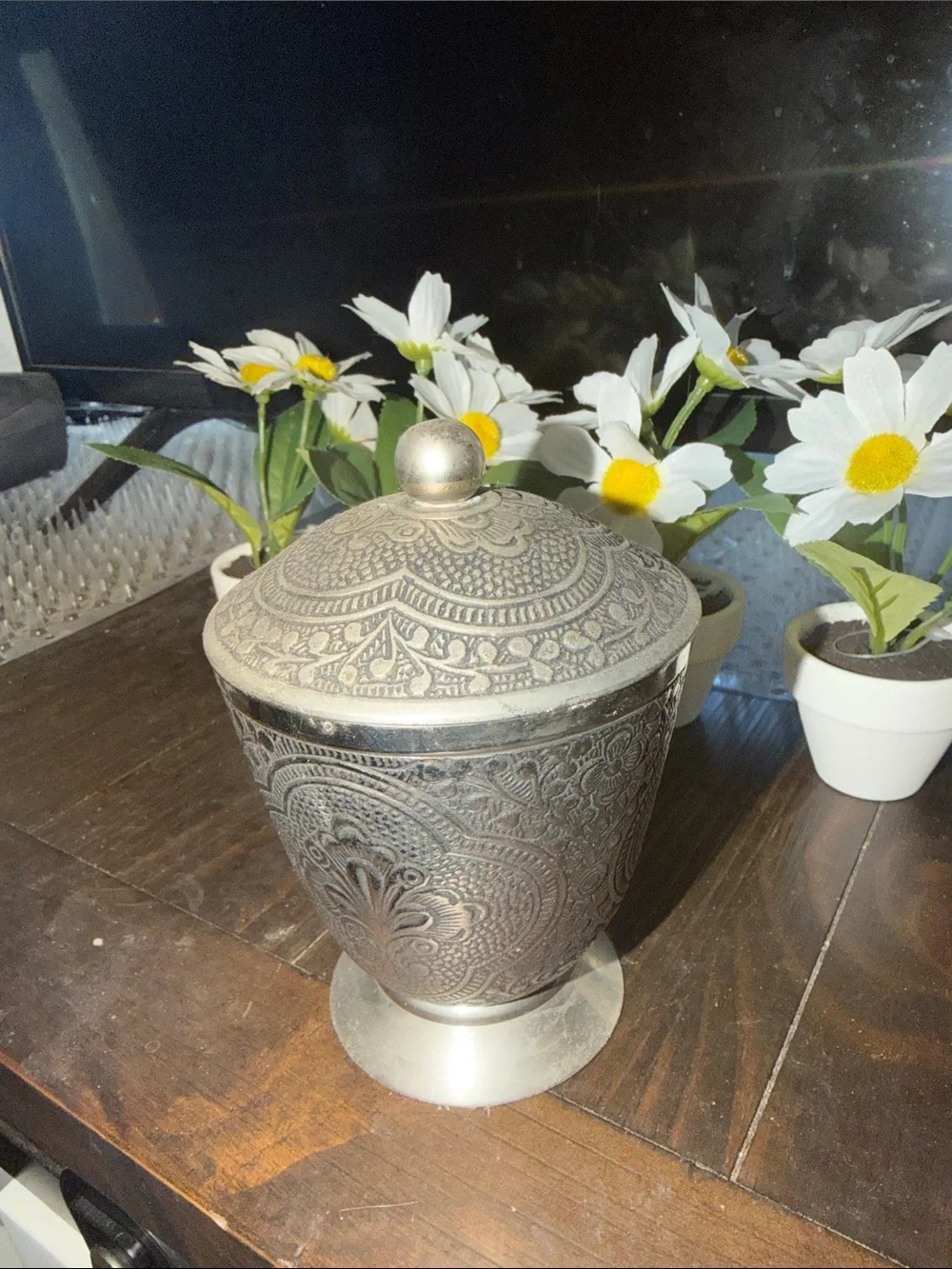 Ornate Embossed Lidded Vase in Antique Silver Tone